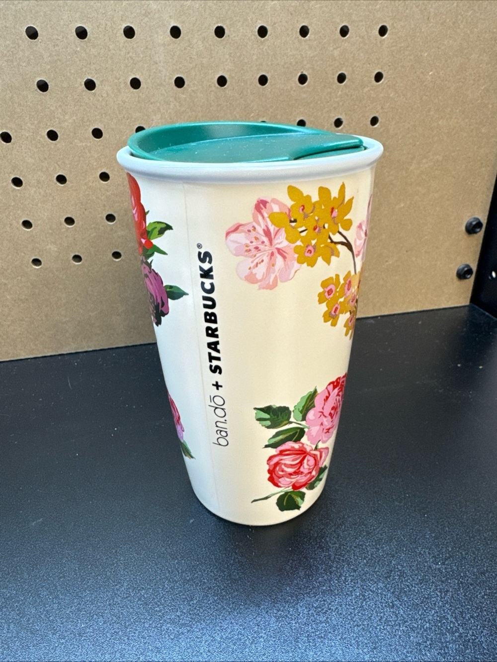 Starbucks Floral White Travel Tumbler with Green Lid